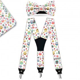Set papion, batistă, bretele, model "Bufnițe Multicolore"